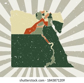 Mapa vintage de Egipto. Afiche unge con mapa del país en paleta de color retro. Forma de Egipto con fondo de rayos de sol. Ilustración vectorial.