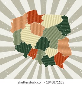 Grunge poster with a map of Poland in a retro color palette. Shape of Poland with sunburst rays background. Vector illustration.