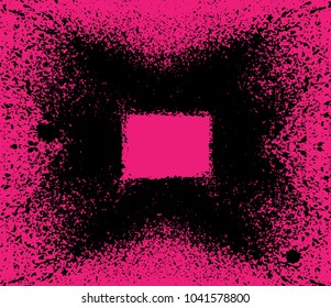 Grunge poster. Modern design with spray black ink splash brushes ink droplets blots. Black splash on pink background. Vector illustration grunge frame with space for your advertising offer