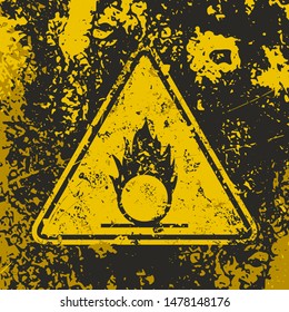 Grunge poster Oxidizing Material Warning sign. Vector illustration of potential hazard chemical reaction sign on grunge rusty yellow background. It can be used as a poster and other projects.