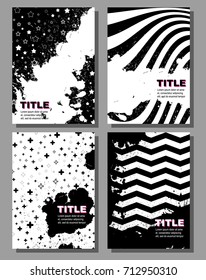 Juego de afiches de Grunge, fondo a rayas con elementos geométricos simples, patrones tendencia de moda 80-90. Vector.