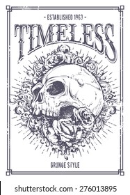 Grunge poster with skull, roses and floral patterns. Vector illustration.