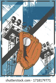 Grunge poster with stadium lights and human hand with baseball glove and ball