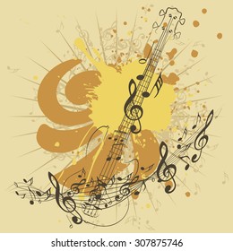 Grunge poster with stylized guitar and music notes.