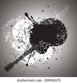 Grunge poster with stylized guitar and music notes.