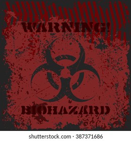 Grunge poster "Warning! Biohazard". Vector illustration of biohazard sign with text and caution tape on grungy black and red background. It can be used as a poster, wallpaper, t-shirt design.