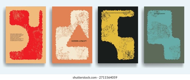 Grunge-Poster gesetzt, raue Kanten, gestresste Formen. Vektordesign-Komposition mit geometrischen Formen . Abstrakte zeitgenössische Kunst . Vektorkunst ideal für Medien, Anzeigen, Cover, Broschüren, Banner.