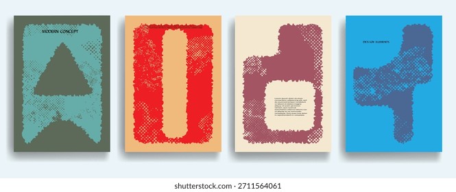 Grunge posters set, rough edges, distressed shapes . Vector design composition with geometric shapes . Abstract contemporary art . Vector art ideal for media, ads, covers, brochures, banners.