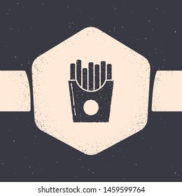 Grunge Potatoes french fries in carton package box icon isolated on grey background. Fast food menu. Monochrome vintage drawing. Vector Illustration