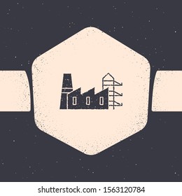 Grunge Power station plant and factory icon isolated on grey background. Energy industrial concept. Monochrome vintage drawing. Vector Illustration