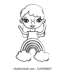 grunge pretty woman with cute rainbow and clouds