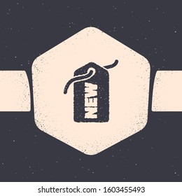 Grunge Price tag with an inscription New icon isolated on grey background. Badge for price. Promo tag discount. Monochrome vintage drawing. Vector Illustration