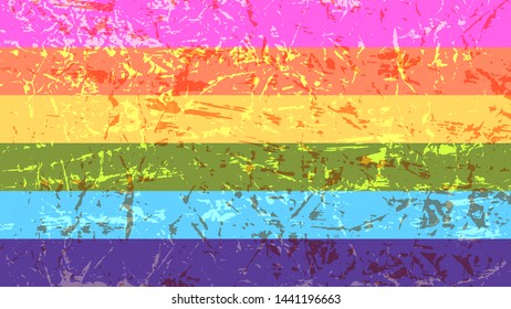 Grunge pride flag as a background. LGBT community symbol. Bright colors with artistic spots and strokes. Illustration in flat style.