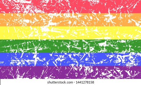 Grunge pride flag as a background. LGBT community symbol. Bright colors with artistic spots and strokes. Illustration in flat style.
