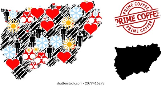 Grunge Prime Coffee stamp, and spring patients infection treatment mosaic map of Jaen Spanish Province. Red round stamp contains Prime Coffee tag inside circle.