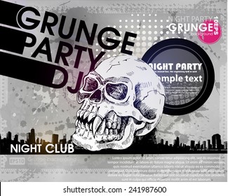 grunge print for background parrty with skull. Grunge banner with an inky dribble strip with copy space. Abstract background for party