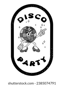 Grunge print design with cartoon disco ball. Groovy hand drawn female old cartoon character and slogan Disco party in frame with scratches. Hippie black nd white composition, print label, sticker