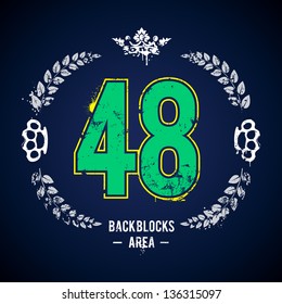 Grunge print with lucky 48 number. Vector illustration.