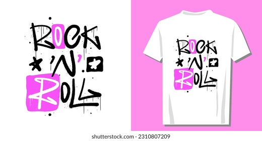 Grunge print for rock fans. Graffiti slogan of Rock'n'roll. Glam punk artwork design with spray texture. Lettering print for banner, decoration, street art and ads. Nostalgia for 1990s - 2000s.