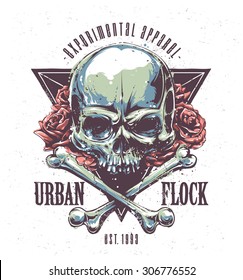 Grunge print with skull, bones, roses and typography. Vector art.