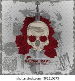 Grunge print with skull and frame. Hipster print for t-shirt. Cranium modern street style attributes. Skull head for poster. Vector art illustration. Dia de los Muertos