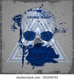 Grunge print with skull and frame. Hipster print for t-shirt. Cranium modern street style attributes. Skull head for poster. Vector art illustration. Dia de los Muertos