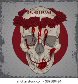 Grunge print with skull and frame. Vector art illustration. Hipster print for t-shirt. Cranium modern street style attributes. skull head for poster.