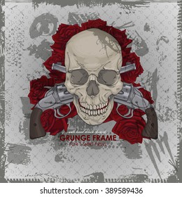Grunge print with skull and frame. Vector art illustration. Hipster print for t-shirt. Cranium modern street style attributes. skull head for poster.
