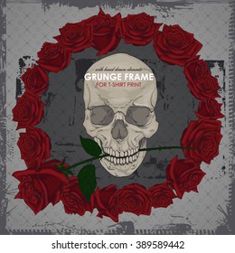 Grunge print with skull and frame. Vector art illustration. Hipster print for t-shirt. Cranium modern street style attributes. skull head for poster.