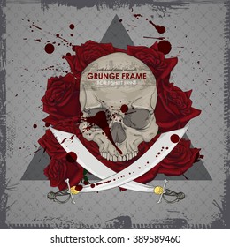 Grunge print with skull and frame. Vector art illustration. Hipster print for t-shirt. Cranium modern street style attributes. skull head for poster.