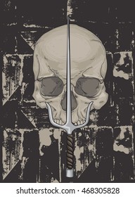 Grunge print with skull and frame. Vector art illustration. Hipster print for t-shirt. Cranium modern street style attributes. skull head for poster.