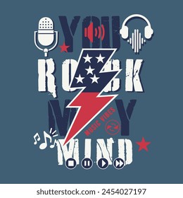 Grunge print for T-shirt with guitar and wings. With slogan "Make some rock hard noise" - Vector