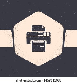 Grunge Printer icon isolated on grey background. Monochrome vintage drawing. Vector Illustration