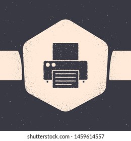 Grunge Printer icon isolated on grey background. Monochrome vintage drawing. Vector Illustration