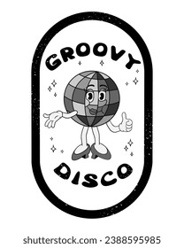 Grunge printout with cartoon disco ball character. Groovy hand drawn female old cartoon character and slogan Groovy Disco in frame with scratches. Hippie black and white composition, print label