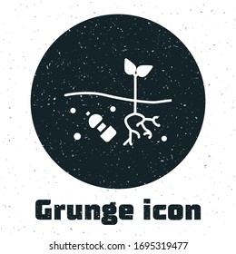 Grunge The problem of pollution of the planet icon isolated on white background. The garbage, plastic, bags on the planet. Monochrome vintage drawing. Vector Illustration