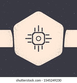 Grunge Processor icon isolated on grey background. CPU, central processing unit, microchip, microcircuit, computer processor, chip. Monochrome vintage drawing. Vector Illustration