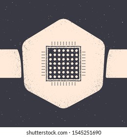 Grunge Processor icon isolated on grey background. CPU, central processing unit, microchip, microcircuit, computer processor, chip. Monochrome vintage drawing. Vector Illustration