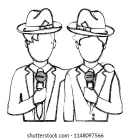 grunge professional partner journalists with hat and clothes