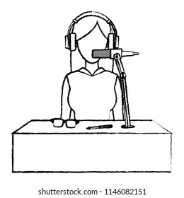 grunge professional woman reporter with headphone and microphone