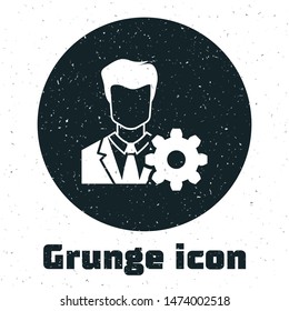 Grunge Profile settings icon isolated on white background. User setting icon. Profile Avatar with cogwheel. Account icon. Male person silhouette.  Vector Illustration