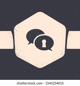 Grunge Protection of personal data icon isolated on grey background. Speech bubble and key. Monochrome vintage drawing. Vector Illustration