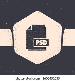 Grunge PSD file document. Download psd button icon isolated on grey background. PSD file symbol. Monochrome vintage drawing. Vector Illustration