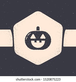 Grunge Pumpkin icon isolated on grey background. Happy Halloween party. Monochrome vintage drawing. Vector Illustration