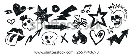 Grunge punk doodle icon set. Hand-drawn skulls, lightnings, arrows, hearts, and flames in crayon and pencil style. Emo, gothic, and rock aesthetic. Charcoal sketch elements for edgy designs and trendy
