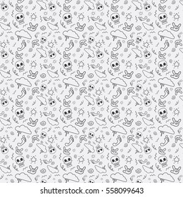 Grunge punk music pattern with skulls