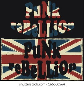 Grunge punk rebellion caption and british flag