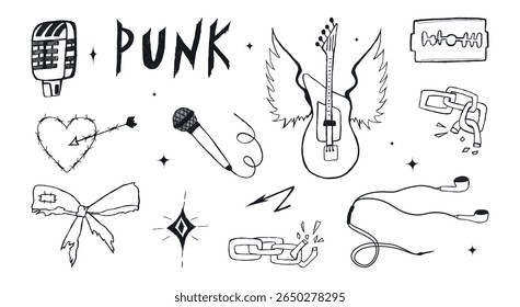 Grunge punk rock set. Doodle music elements, mic, tattoo crayon sketch, guitar, fire, lightning, chains, grafitti rebellious icons, heart, barbed wire, star, bow. Isolated vector illustration.