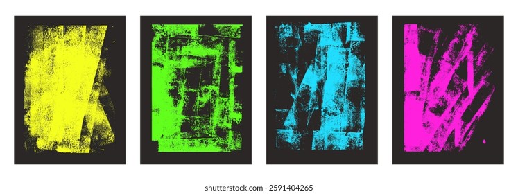 Grunge punk texture. Distressed urban street background. Paint rolled brayer retro print. Graphic ruined hand drawn abstract backdrop. Screen with linocut letterpress effect. Vector poster set.