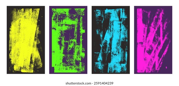 Grunge punk texture story. Distressed urban street background. Paint rolled brayer retro print. Graphic ruined hand drawn abstract backdrop. Screen with linocut letterpress effect. Vector overlay set.